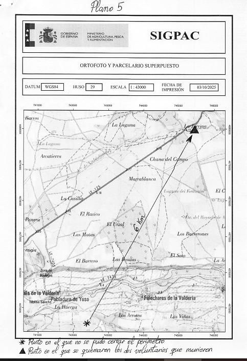 Este plano con el punto donde no se acotó el incendio por falta de medios y el lugar de la primera víctima mortal forma parte del informe a la Fiscalía.