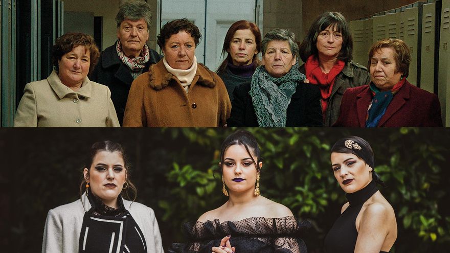 Arriba las mujeres protagonistas de "Nación", debajo el grupo Tanxugueiras