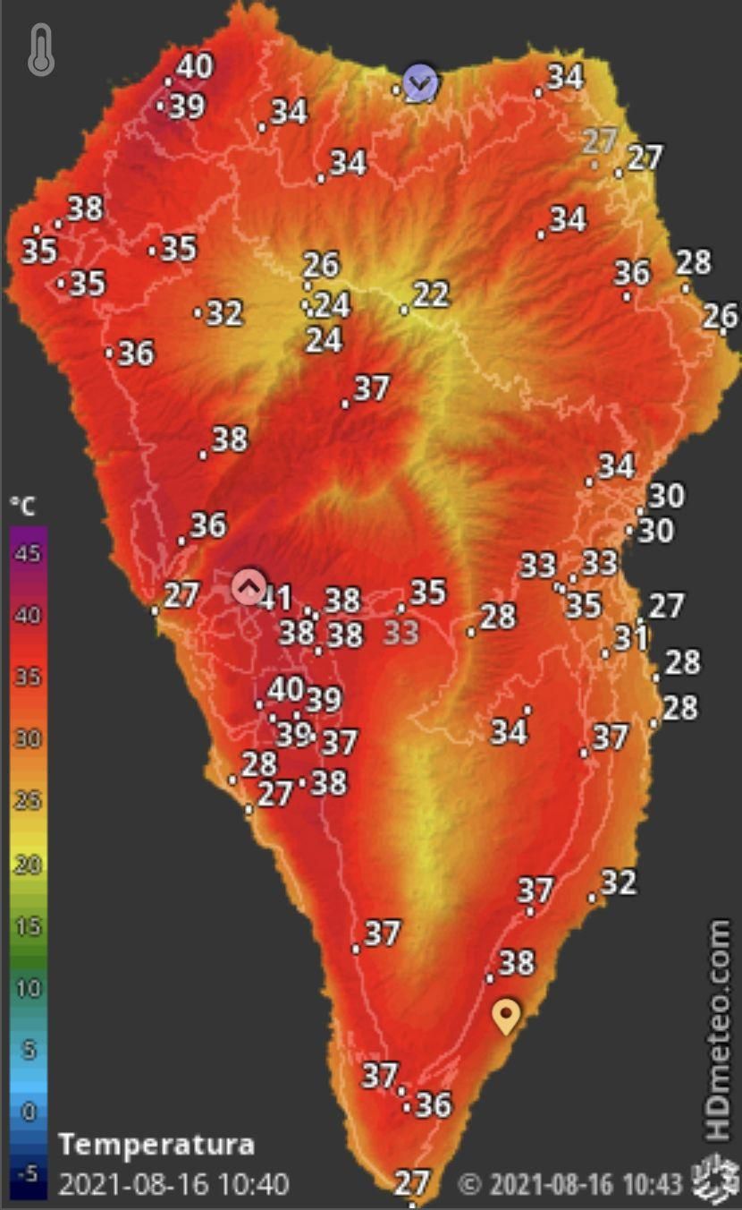 Mapa de HD Meteo La Palma donde se indica la temperatura que, a las 10.40 horas de este lunes, 16 de agosto, se registraba en distintos puntos de La Palma.