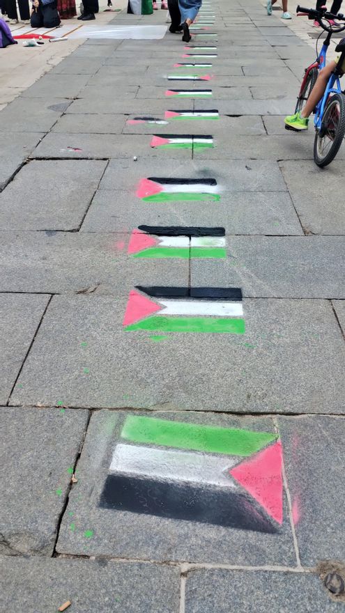 Sendero de banderas palestinas en el foso de la plaza Dos de Mayo