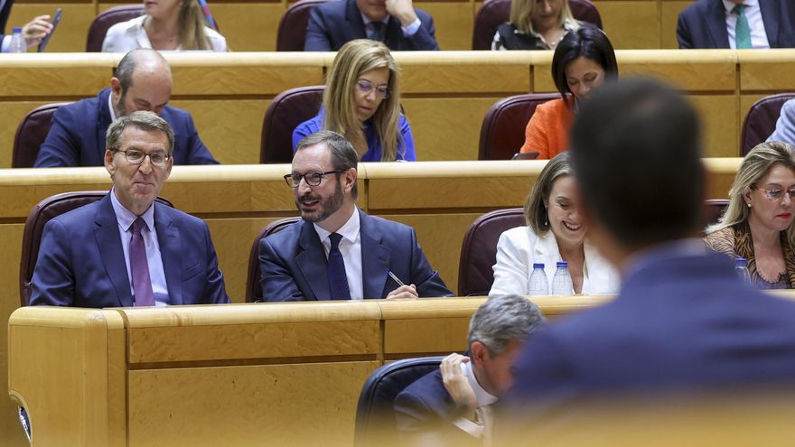 Risas en los escaños del PP en el Senado mientras habla Sánchez.