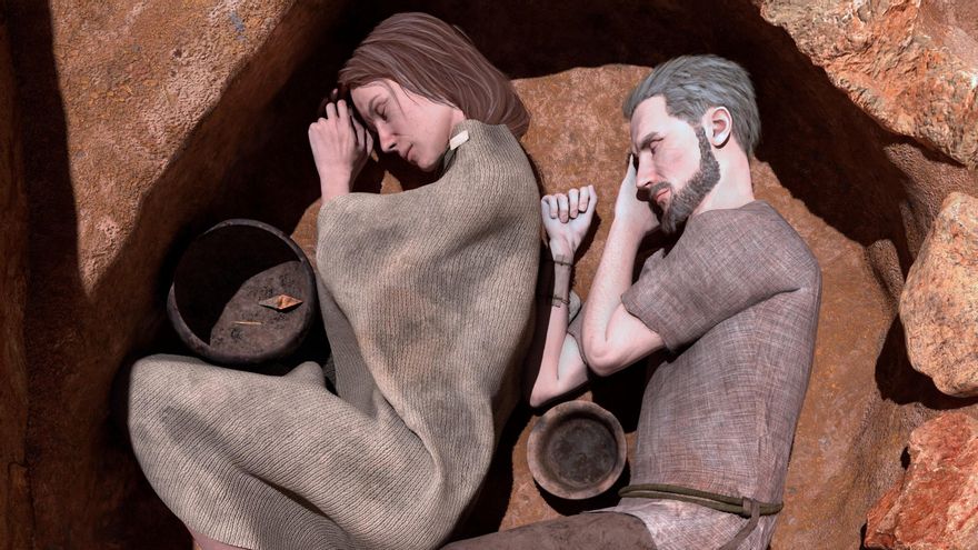 Recreación virtual de la Tumba 4, una tumba doble excepcional por contener a una pareja: ella nativa de Iberia, pero de la costa, y él de ancestral yamnaya, de Europa Oriental (actual Ucrania) en el yacimiento de Terrinches (Ciudad Real)