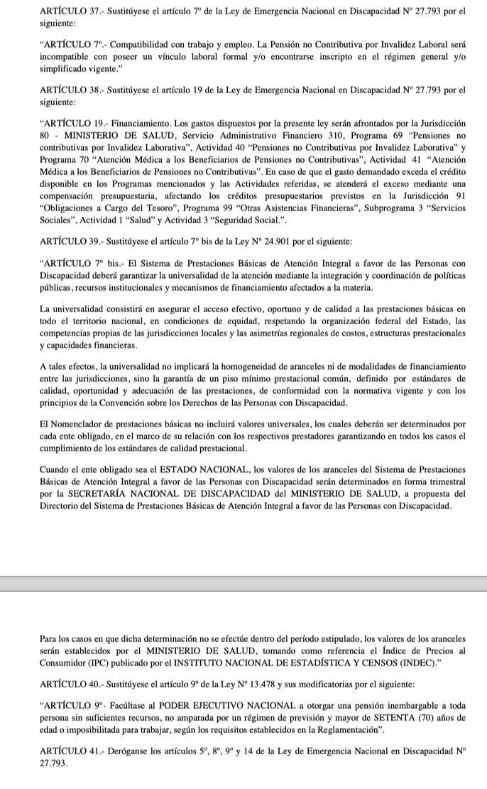 Parte del articulado de la Ley de Presupuesto 2027 que modifican la Ley de Emergencia en Discapacidad.