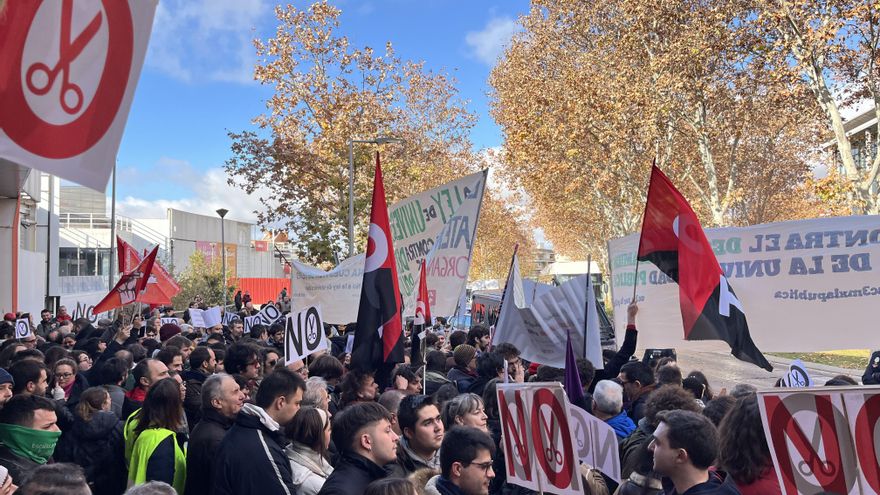 La comunidad universitaria clama contra los recortes de Ayuso a las puertas de la Asamblea: "No es un negocio"