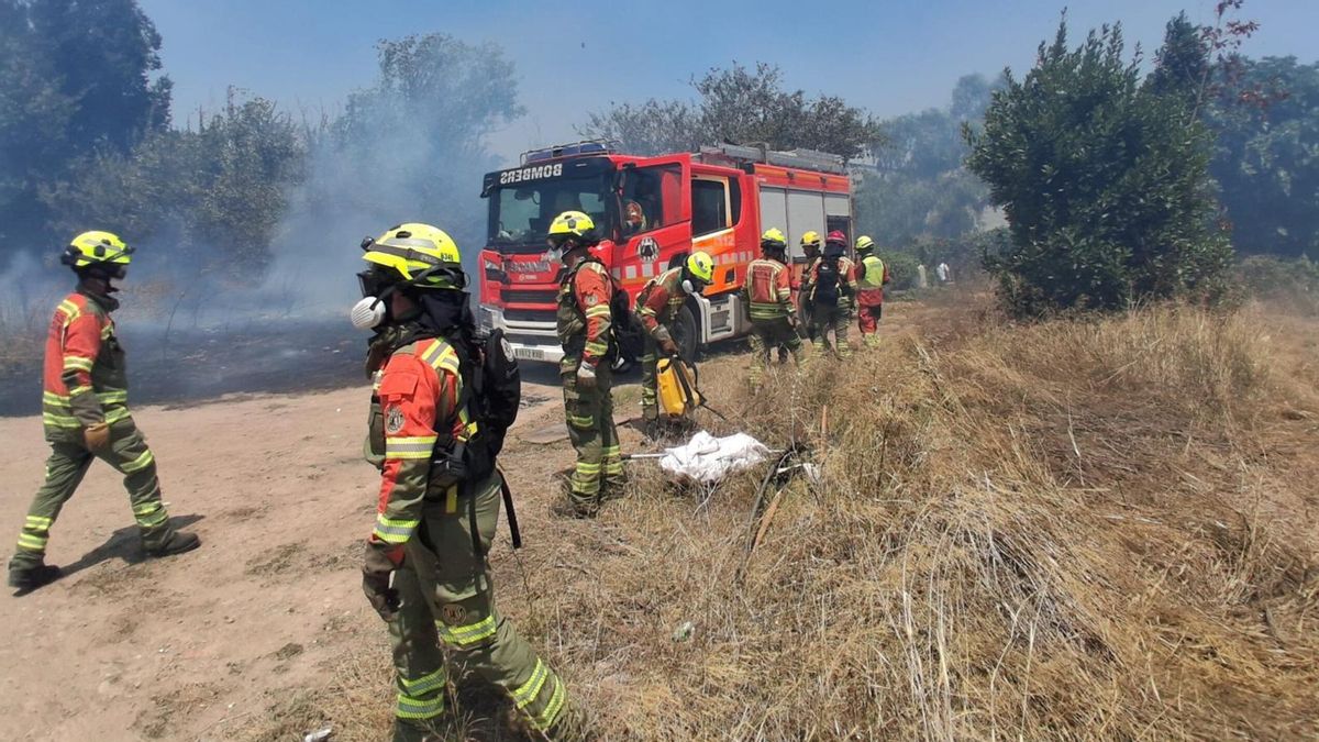 Dos medios aéreos trabajan en un incendio declarado en un barranco de Manises (Valencia)