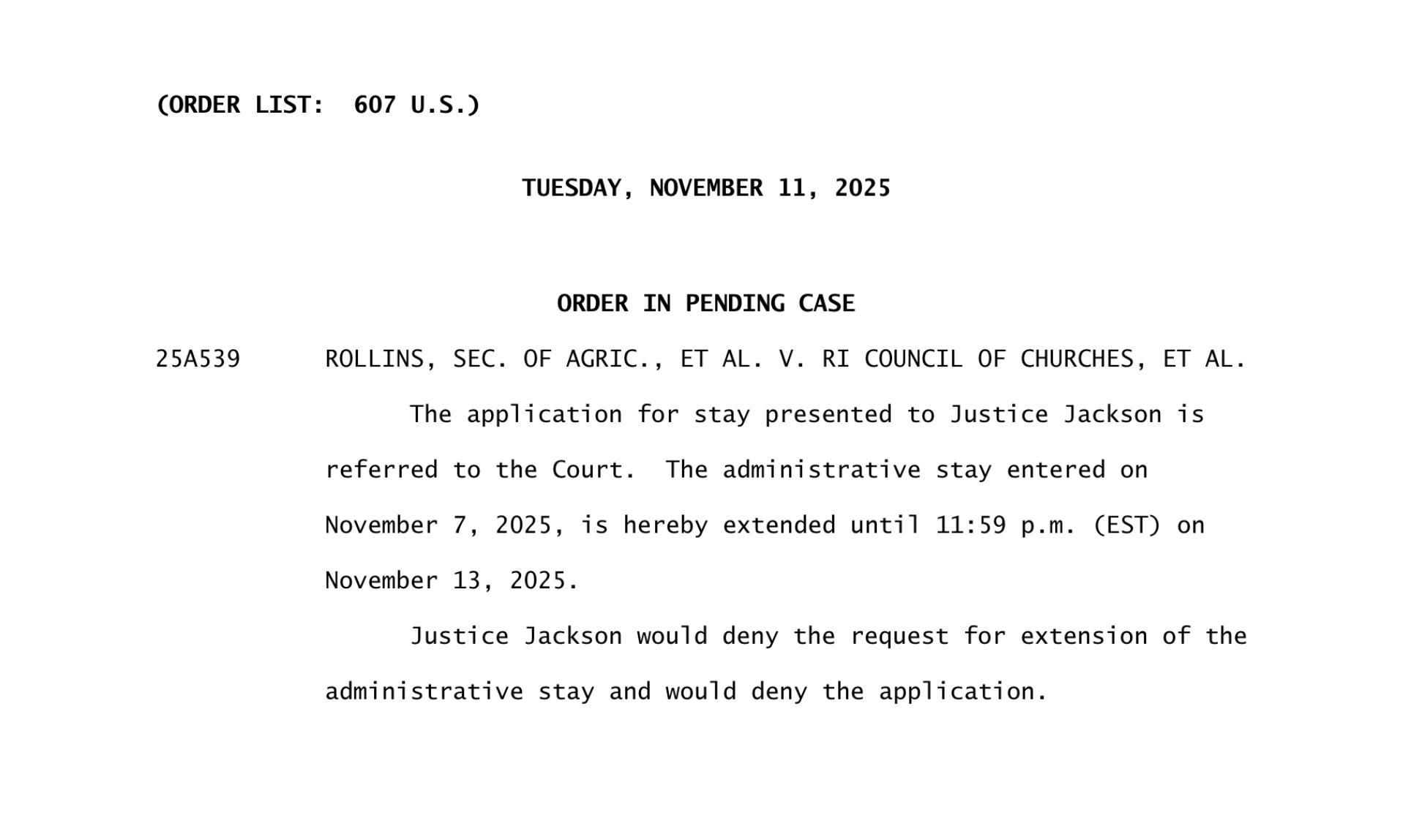 Supreme Court order extending pause on SNAP payments, effective November 11, 2025.