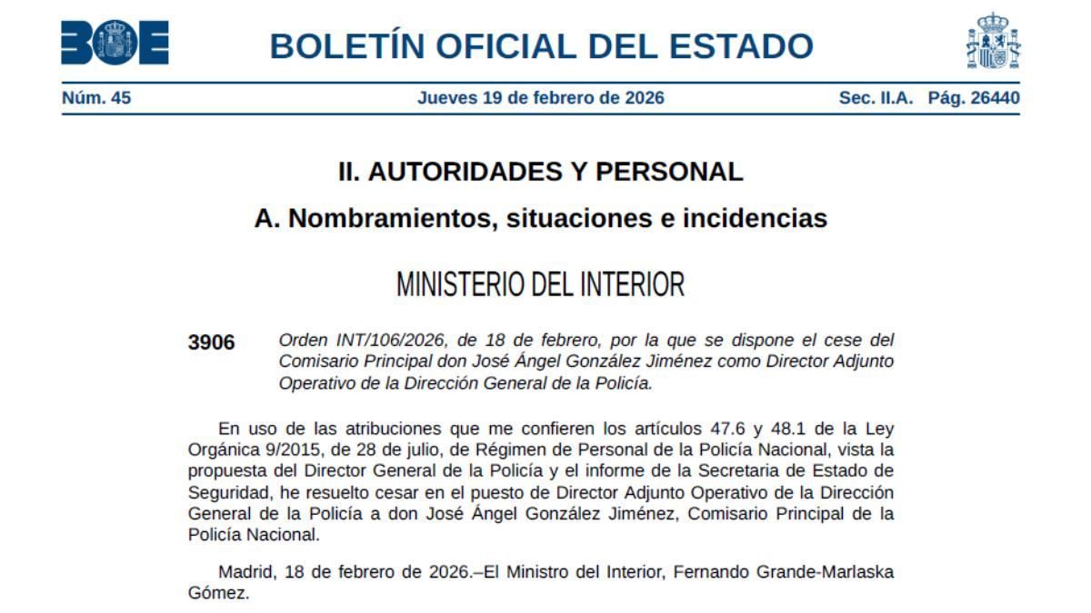 El BOE publica el cese de José Ángel González como jefe de la Policía tras la denuncia por violación