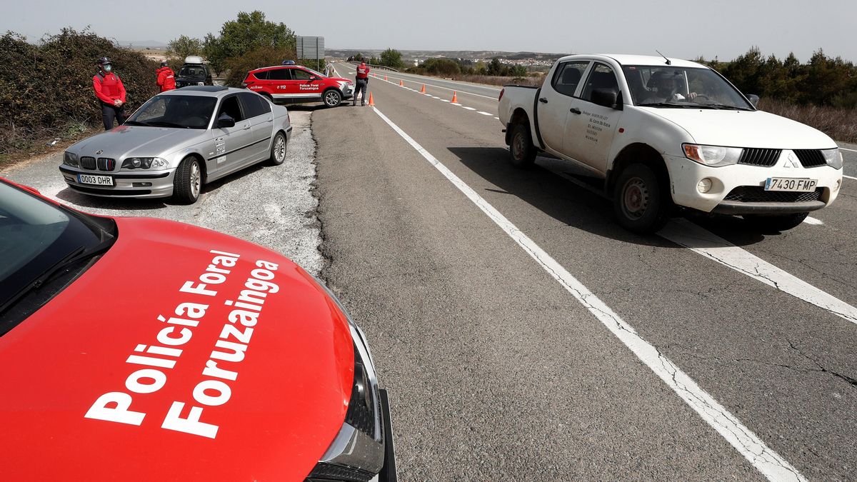 Efectivos de la Policía Foral controlan los desplazamientos realizados en vehículo en la NA-123 a la altura de la localidad navarra de Sartaguda,. EFE/ Jesús Diges/Archivo