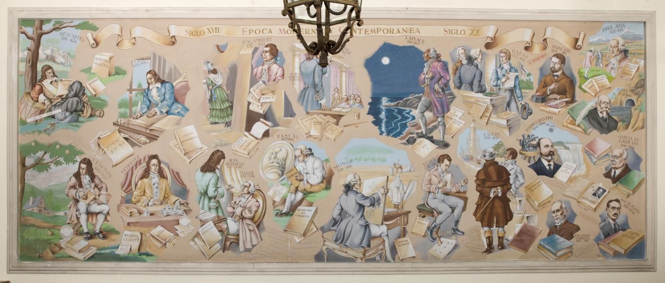 Representación pictórica del siglo XVII (Época Moderna) y siglo XX (Contemporánea) en el mural del Departamento de Matemáticas.