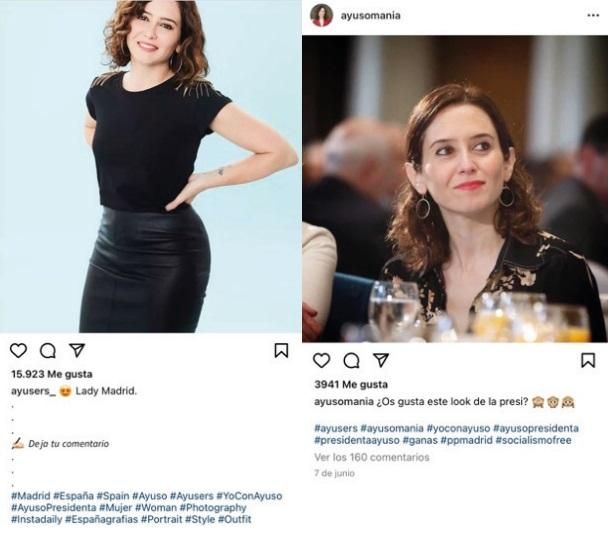 Publicaciones de cuentas "ayusers" centradas en el físico o el look de Ayuso.