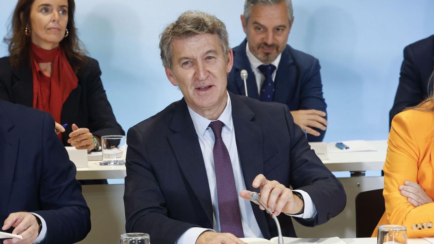 El presidente del Partido Popular, Alberto Núñez Feijóo, preside la reunión del Comité Ejecutivo Nacional del partido este lunes en la sede de Génova. EFE/ Chema Moya