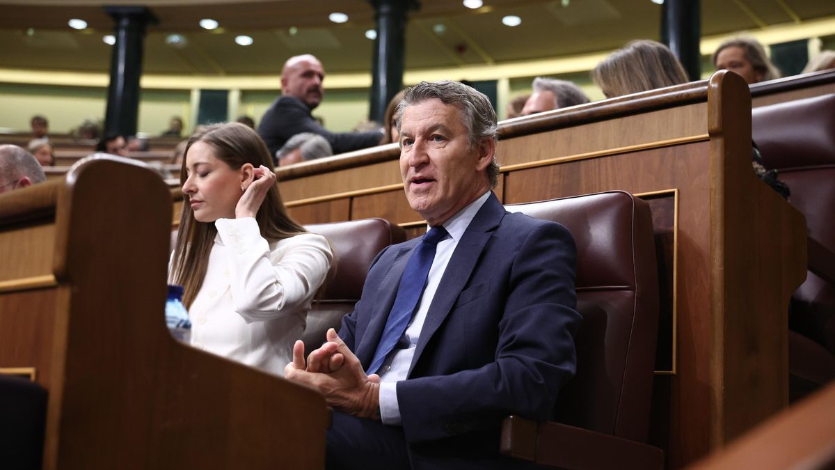 El presidente del Partido Popular, Alberto Núñez Feijóo, y la portavoz del PP en el Congreso, Ester Muñoz, durante un pleno en el Congreso de los Diputados, a 15 de abril de 2026, en Madrid (España).