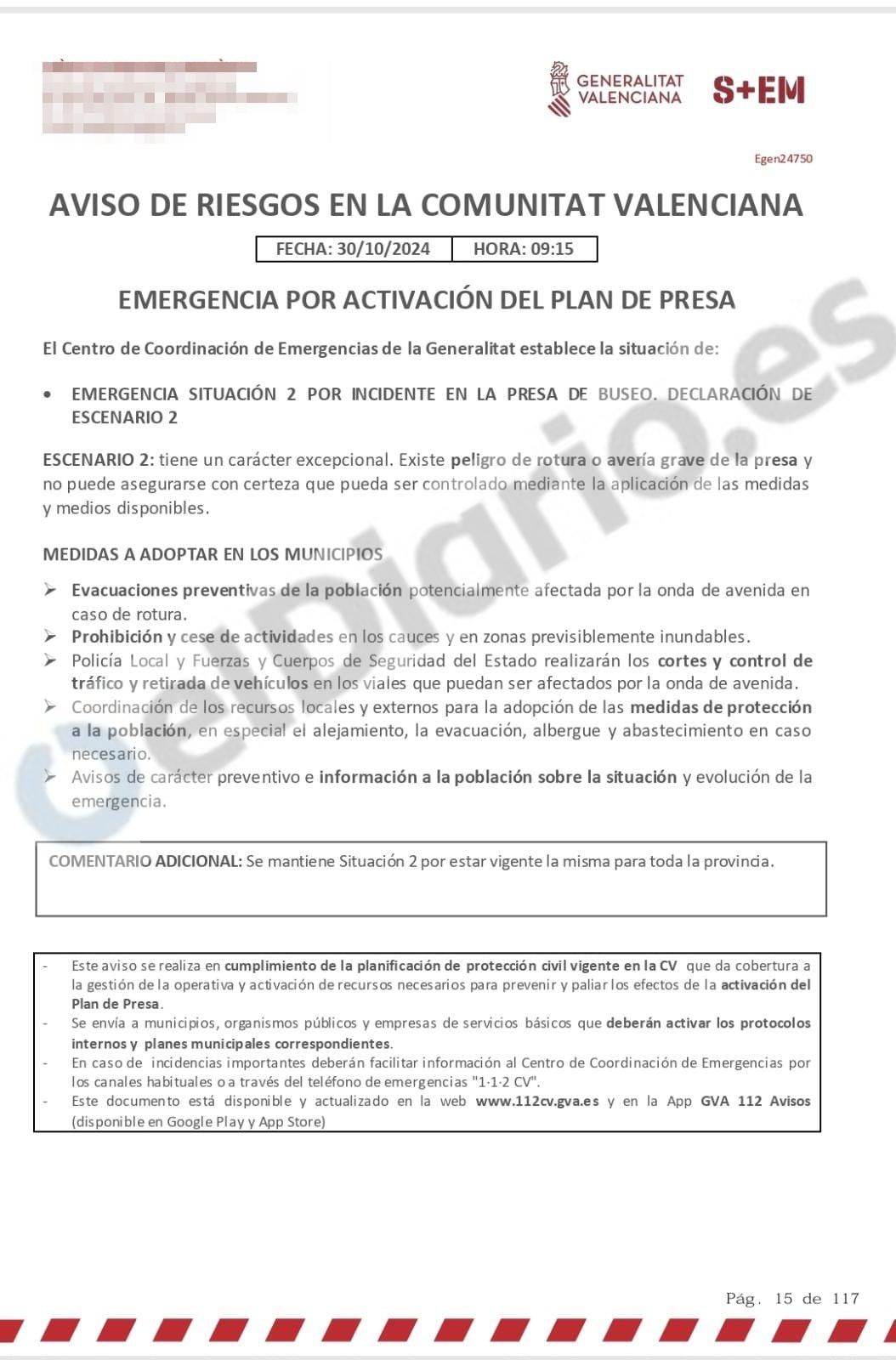 El aviso de activación del escenario 2 de la presa de Buseo el 30 de octubre de 2024.