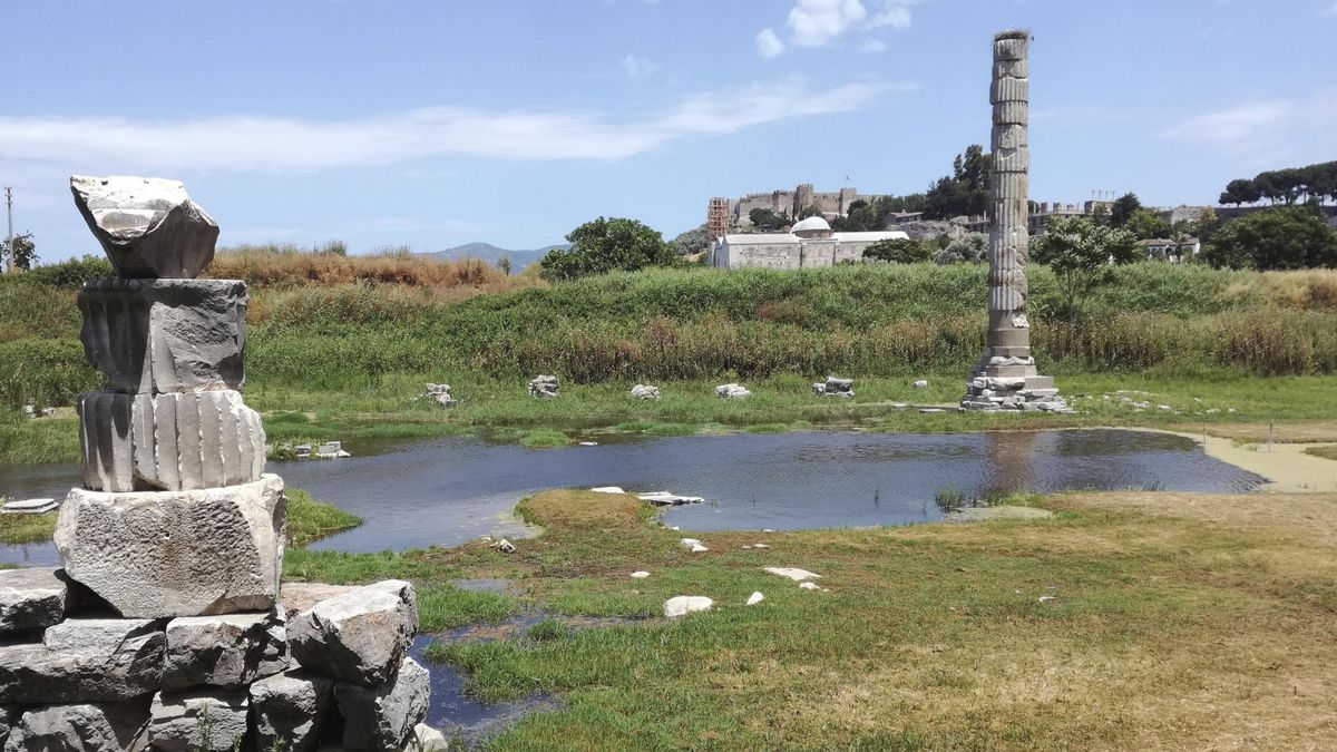 Actualmente permanece una columna reconstruida con fragmentos originales