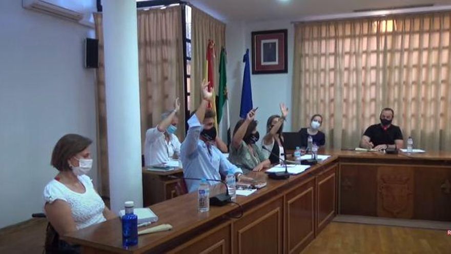 Los compañeros del PP de Cordobés votan a favor de las cuentas pero ella, a la izquierda, no lo hace; al fondo a la derecha el alcalde, Santana