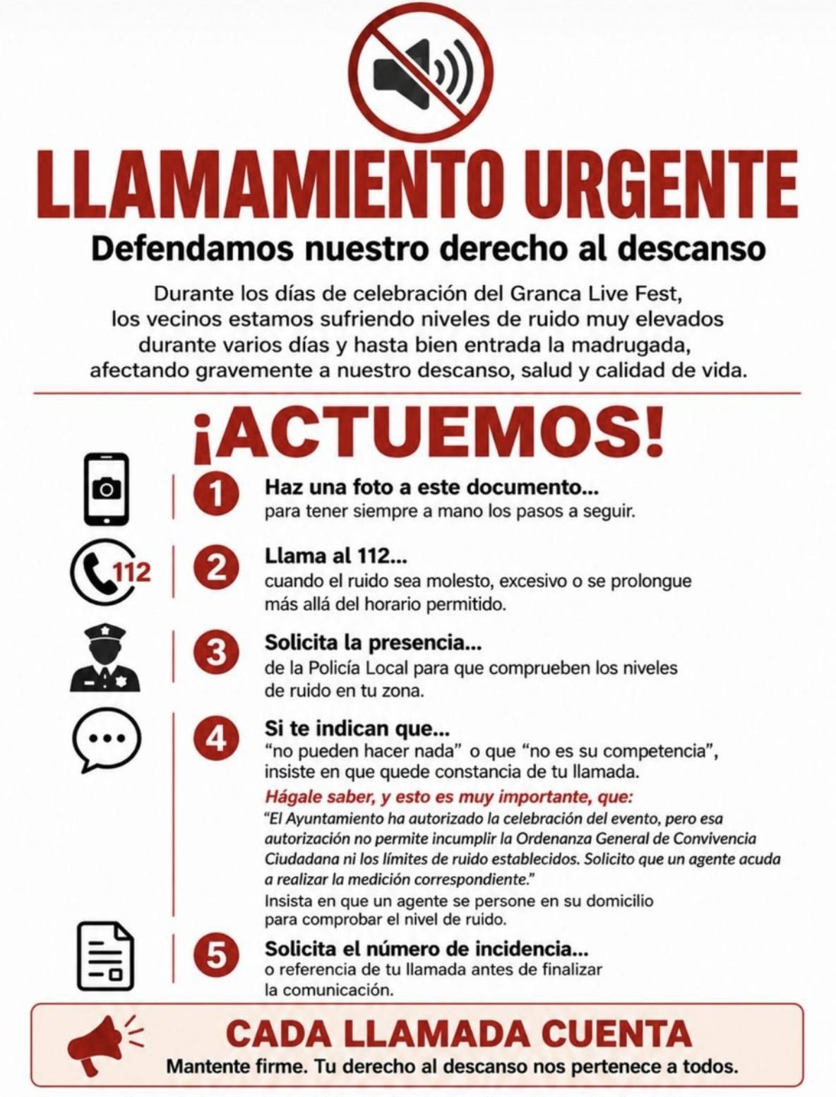 La octavilla difundida por los vecinos de Siete Palmas.