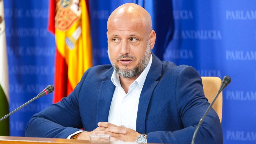 El portavoz adjunto del Grupo Parlamentario Vox, Rodrigo Alonso, durante la ronda de ruedas de prensa de portavoces de los grupos parlamentarios en el Parlamento de Andalucía, a 28 de mayo de 2025 en Sevilla (Andalucía, España). Los portavoces de los grup