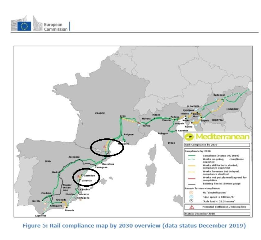 Mapa europeu del Corredor Mediterrani amb els dos colls de botella marcats.