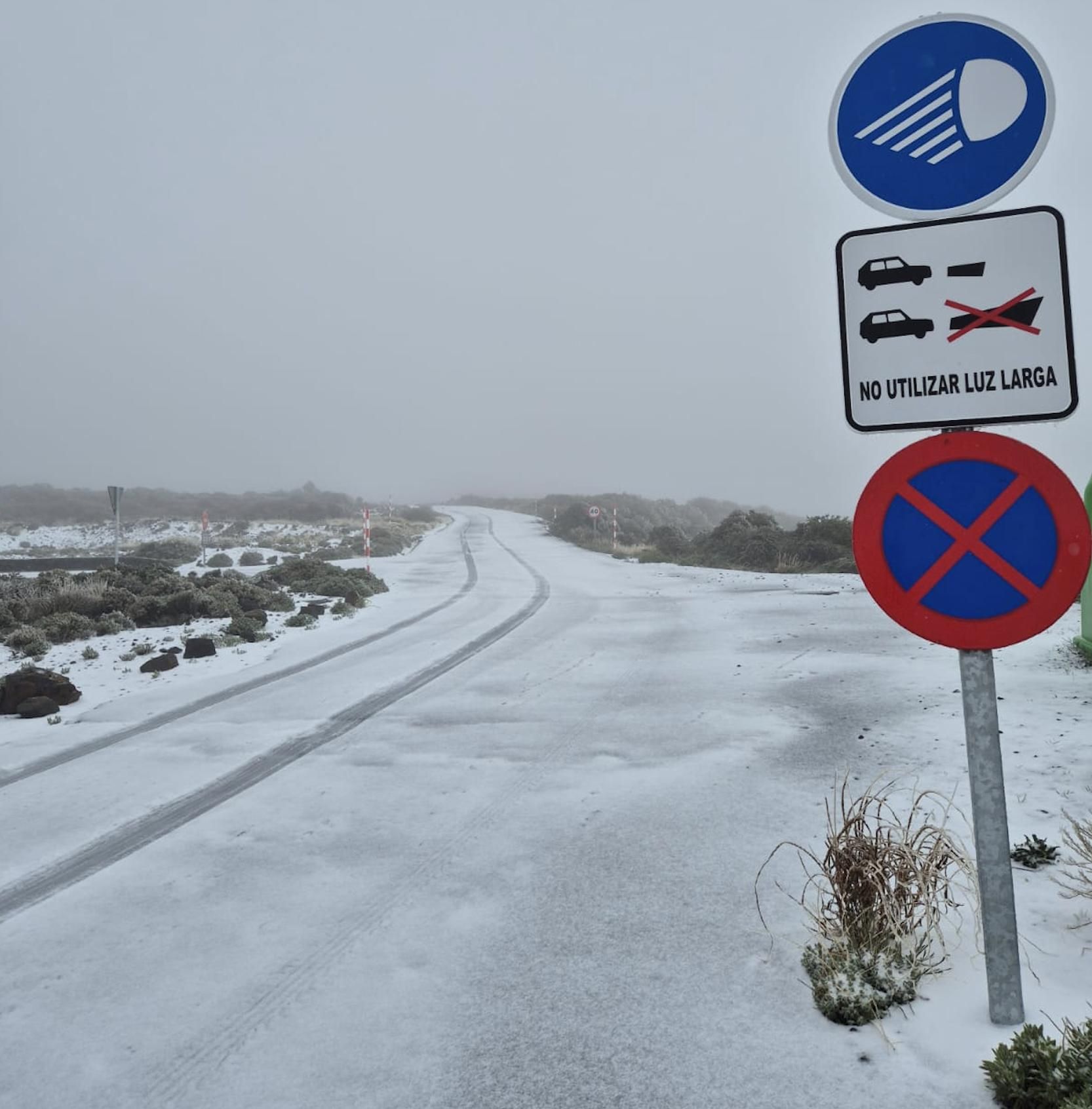 Vía interior del Observatorio Astrofísico del Roque de Los Muchachos, en la tarde de este miércoles, con nieve.