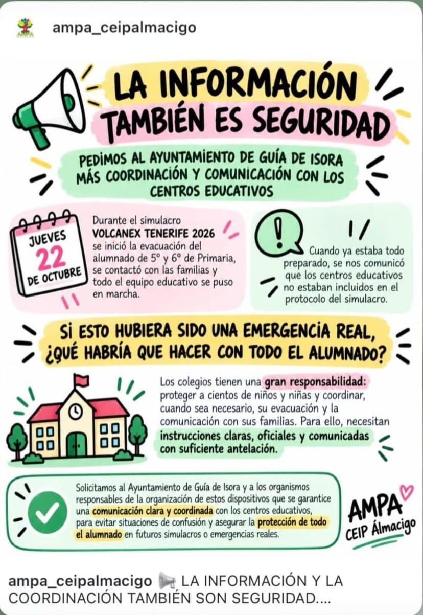 Cartel publicado por el AMPA del CEIP Álmacigo, en el que piden al Ayuntamiento de Guía de Isora más coordinación.