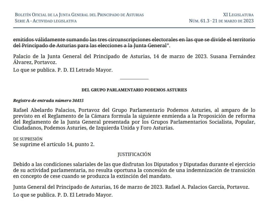 Enmienda presentada por Rafael Palacios al Reglamento de la Junta General