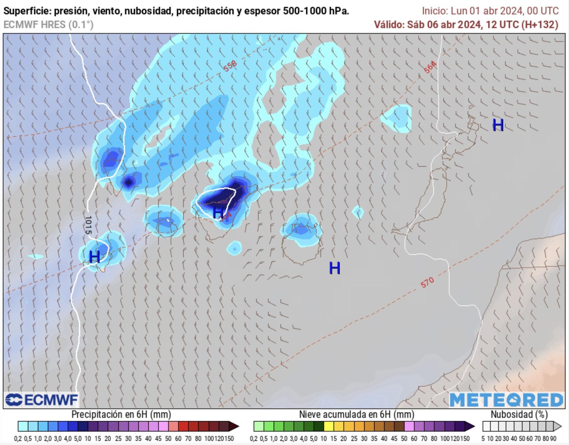 Posible llegada a Canarias de la cola de un frente atlántico el próximo sábado, según el modelo europeo de predicción.