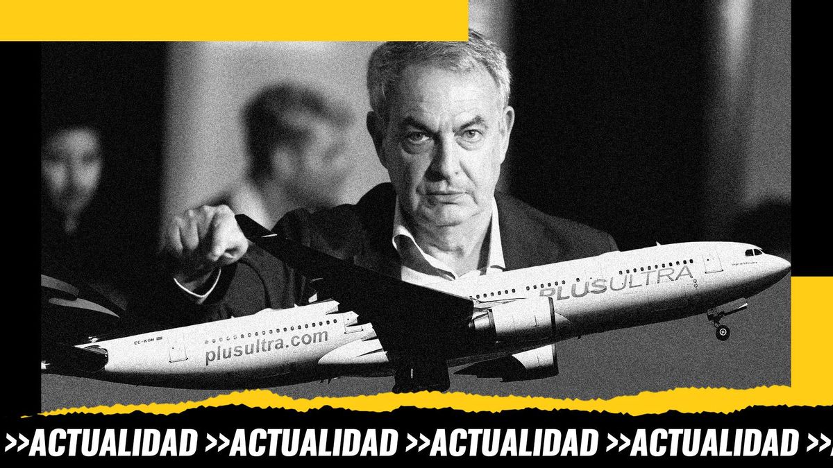 Montaje: el expresidente José Luís Rodríguez Zapatero bajo un avión de la empresa Plus Ultra