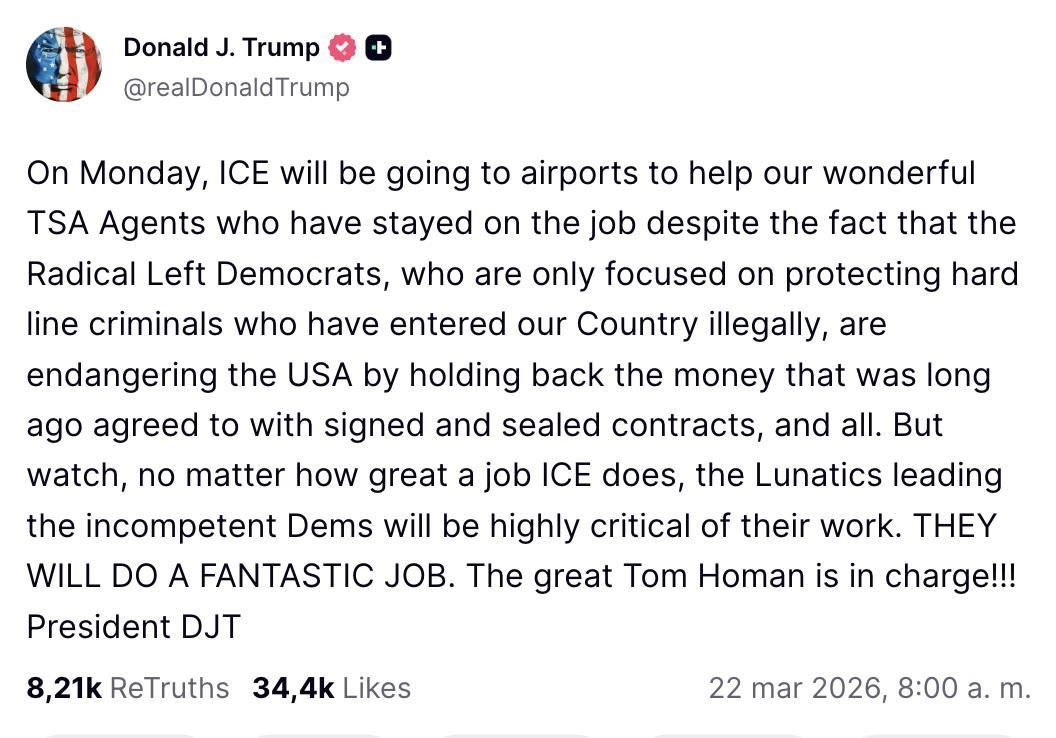 Truth Social de Trump sobre el ICE en los aeropuertos.