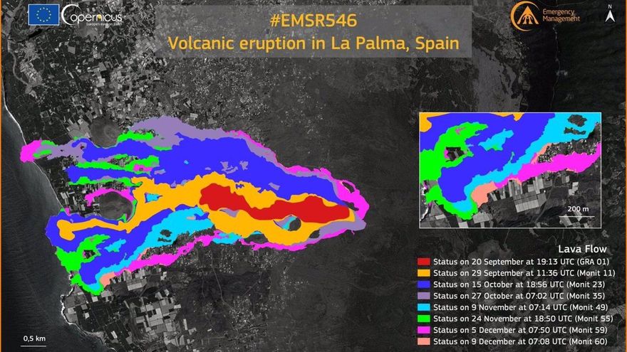 MAPA | El recorrido de la lava del volcán de La Palma, desde el satélite Copernicus