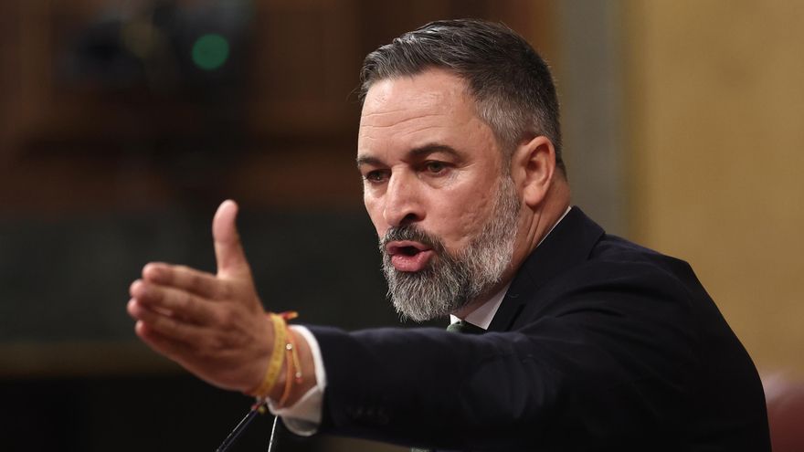 El presidente de Vox, Santiago Abascal, durante la comparecencia de Pedro Sánchez en el Congreso de los Diputados.