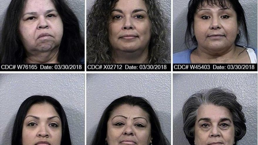 Combo de seis fotografías cedidas por el Departamento de Correcciones y Rehabilitación de California (CDCR) donde aparecen las latinas sentenciadas a pena de muerte (arriba) Dora Buenrostro (i), Angelina Rodríguez (c), María Alfaro (d), (abajo) Belinda Magana (i), Verónica Gonzales (c) y Socorro Caro (d), todas ellas en cárceles de California, un estado donde está en vigor una moratoria de las ejecuciones.