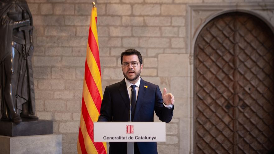 El president de la Generalitat, Pere Aragonès, ofrece una rueda de prensa en el Palau de la Generalitat