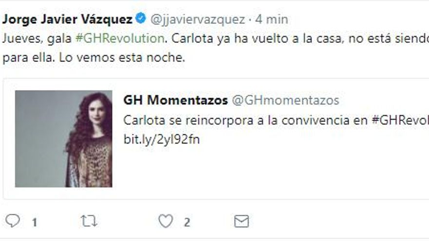 El tuit borrado de Jorge Javier sobre la vuelta de Carlota a GH Revolution