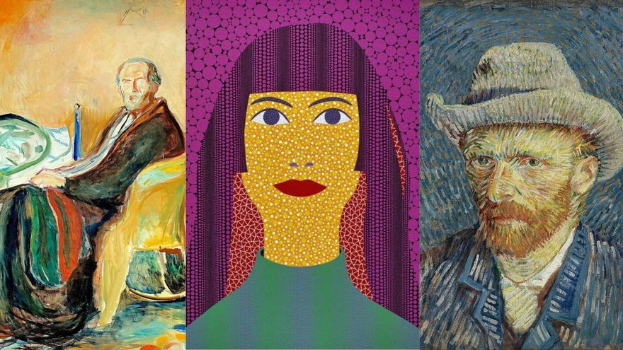  Autorretrato con la gripe española de Edvard Munch (1919), Autorretrato de Vincent Van Gogh (1889) y Autorretrato de Yayoi Kusama (2010)