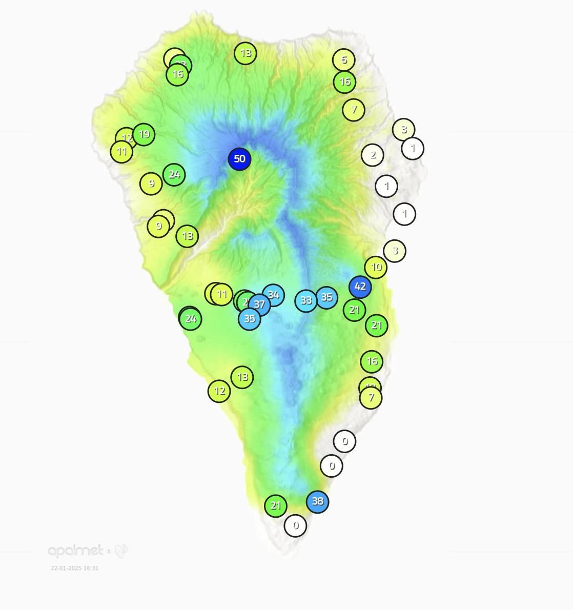 Mapa de Apalmet donde se indica la lluvia registrada este miércoles,  hasta las 16.30 horas, en diversos puntos de La Palma.