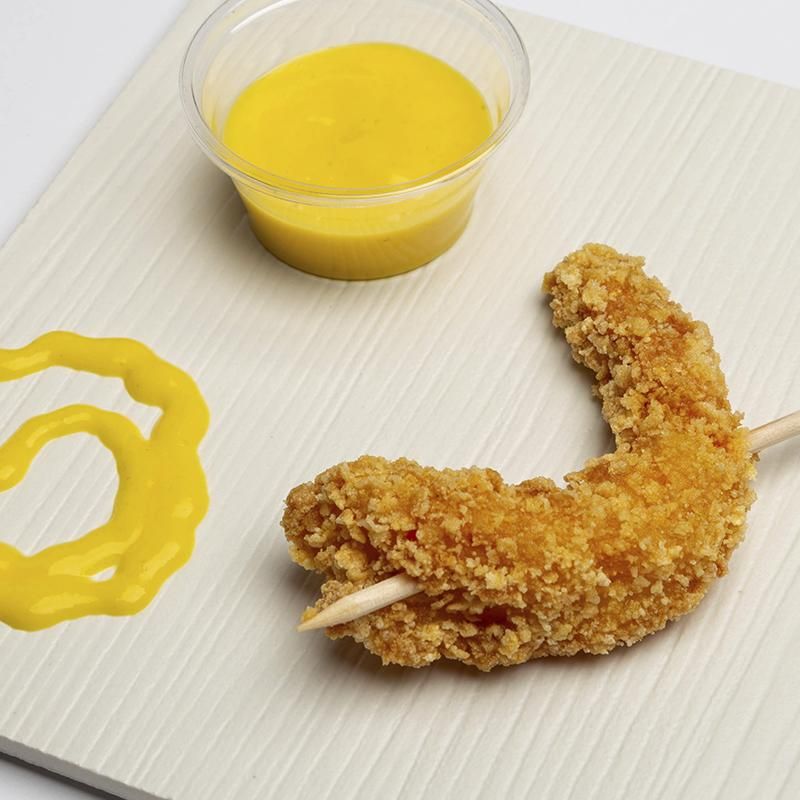 Churrería Évalo: ' Brocheta de langostino crujiente con vinagreta de mango'