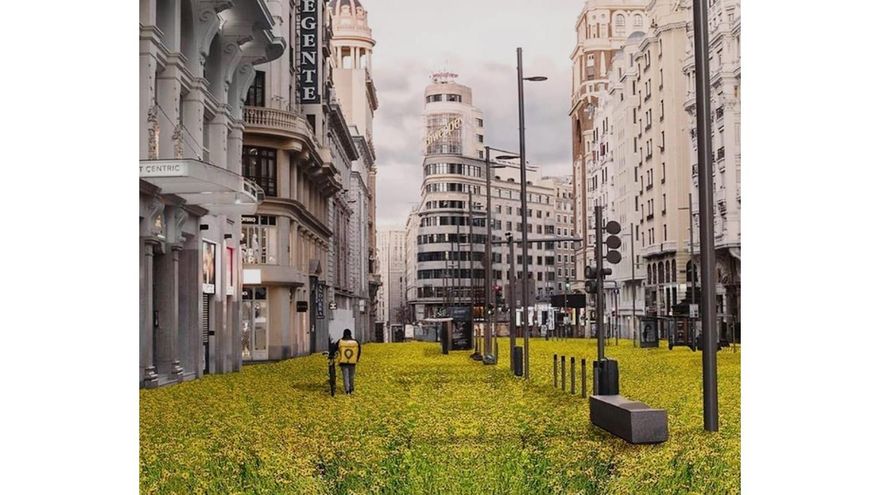 Sobre la foto original de Ignacio Pereira de la Gran Vía Guillen Casasús ha ilustrado una avenida florida. Un símbolo de futuro