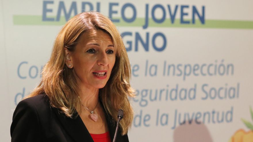 La vicepresidenta tercera del Gobierno, Yolanda Díaz, comparece  durante la firma de un convenio para mejorar las condiciones laborales de las personas jóvenes, a 5 de julio de 2021, en el Instituto de la Juventud, Madrid, (España).