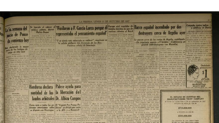 Copia de la noticia aparecida en el diario La Prensa sobre una conferencia de Fernando de los Ríos en Nueva York en que se refirió al fusilamiento de Federico