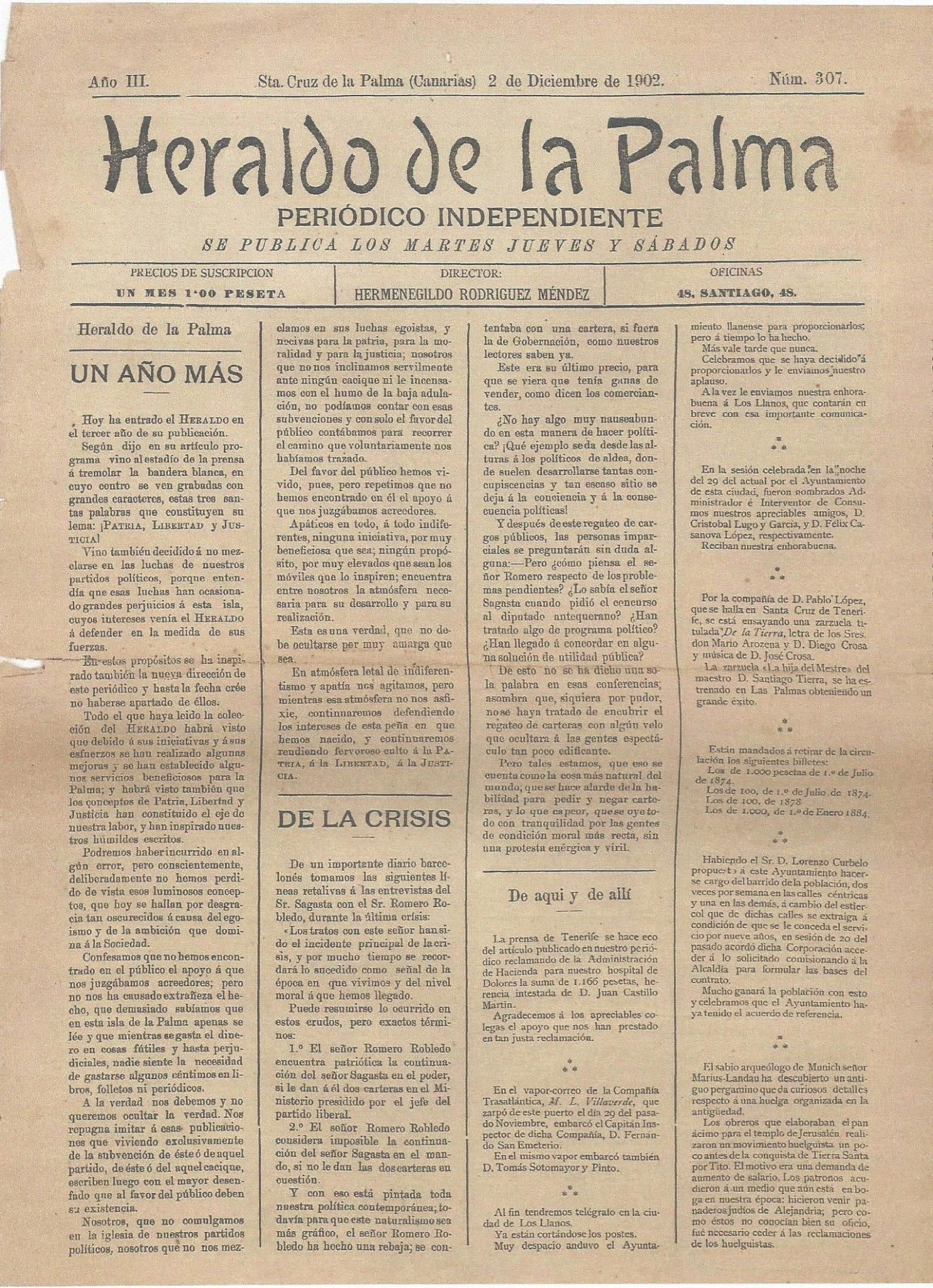 Portada del 'Heraldo de La Palma'.