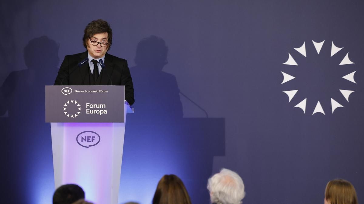 El presidente de Argentina, Javier Milei, que ha intervenido en el desayuno informativo del Fórum Europa. EFE/ Mariscal