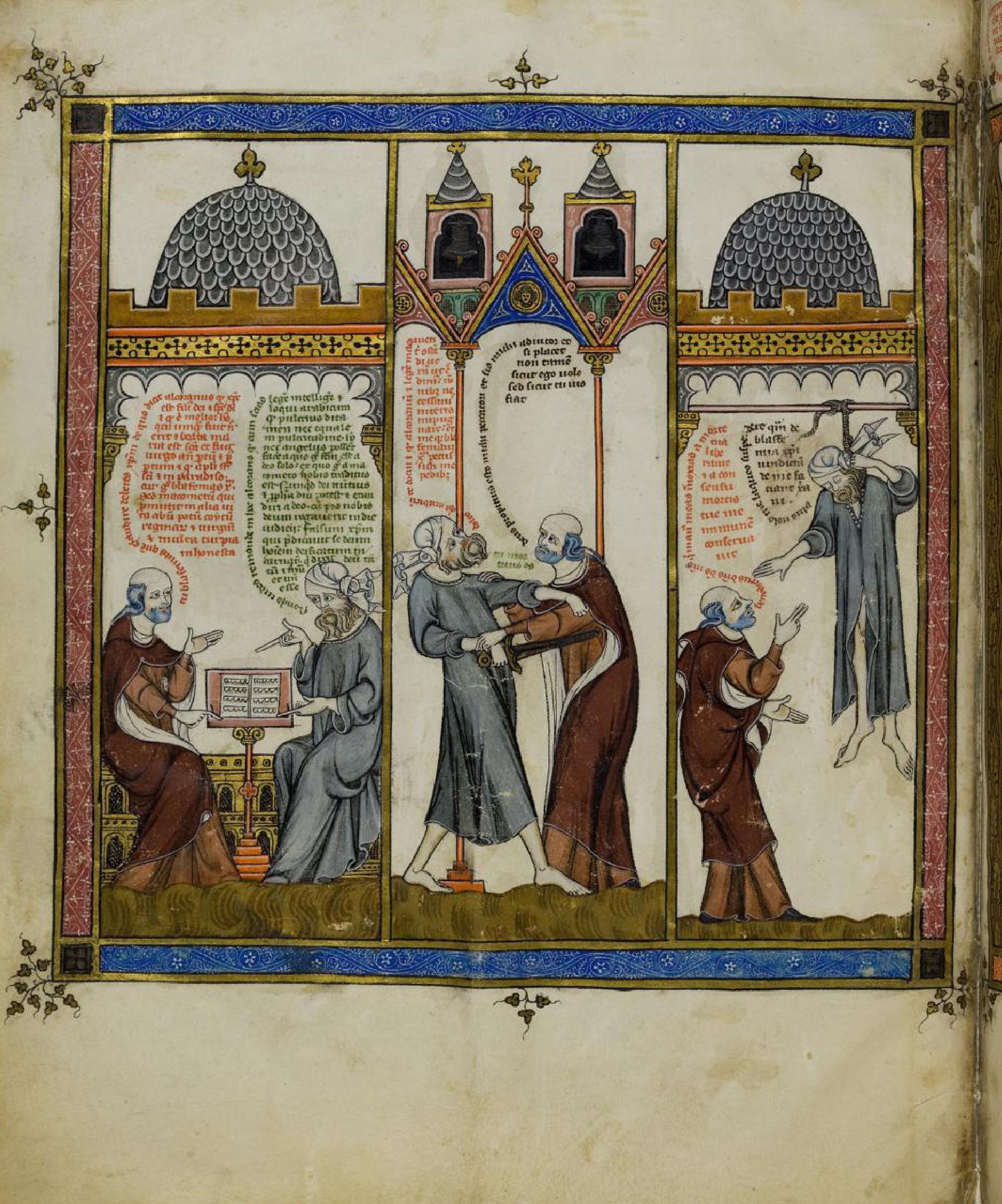  Llull debat amb pensadors islàmics en un entorn orientalitzat. L’escena simbolitza el seu ideal de controvèrsia racional i pacífica. A baix, la seva expulsió representa la fermesa davant el rebuig.