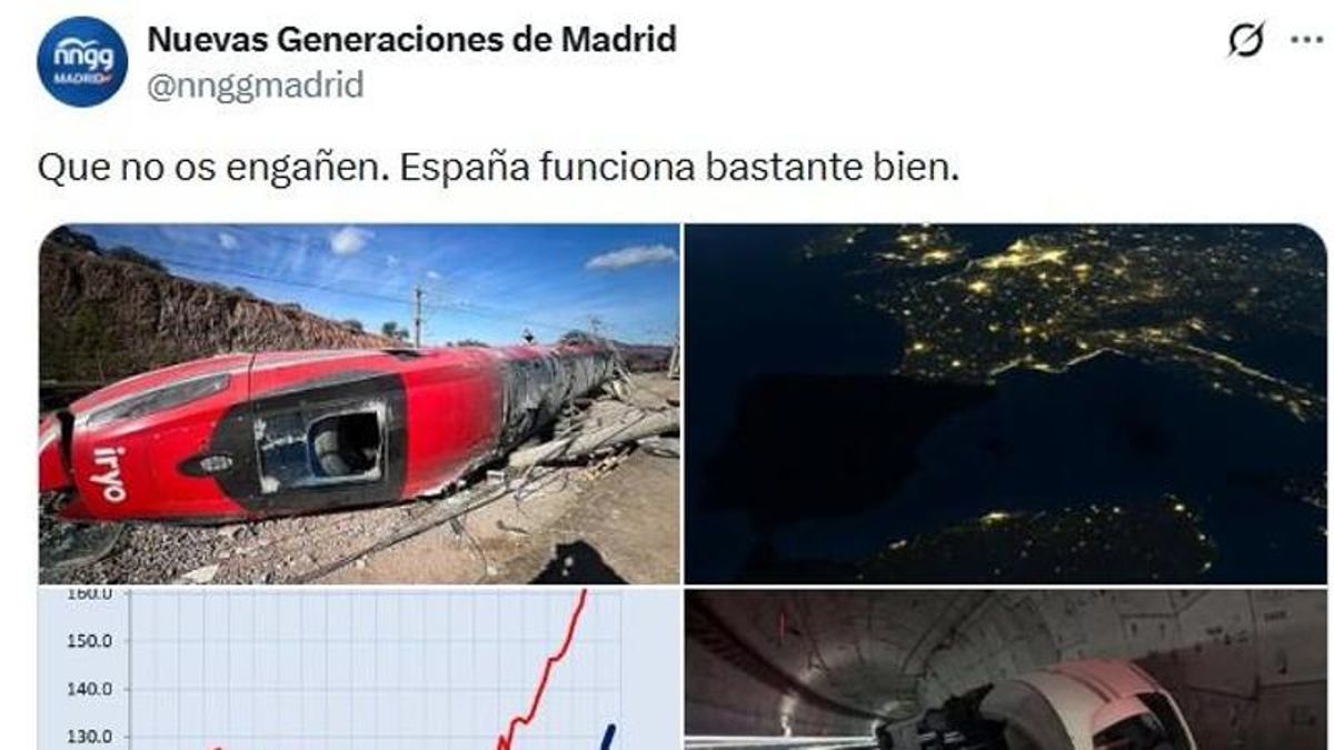 Nuevas Generaciones del PP ironiza en X con imágenes de Adamuz o del apagón: "España funciona bastante bien"