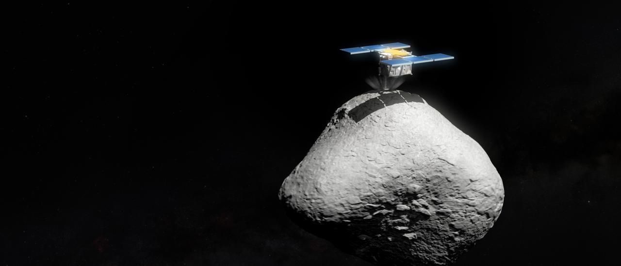 Representación artística de la misión espacial japonesa Hayabusa2 aterrizando en la superficie del asteroide 1998 KY26. Crédito: ESO/M. Kornmesser. Asteroid: T. Santana-Ros et al. Hayabusa2 model: SuperTKG (CC-BY-SA).