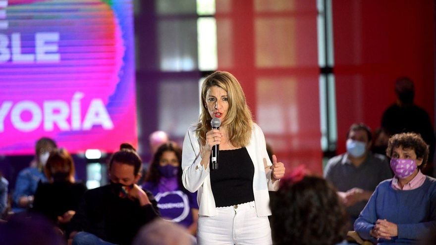 La vicepresidenta tercera, Yolanda Díaz, intervierne en un acto de campaña de Unidas Podemos para los comicios del 4M