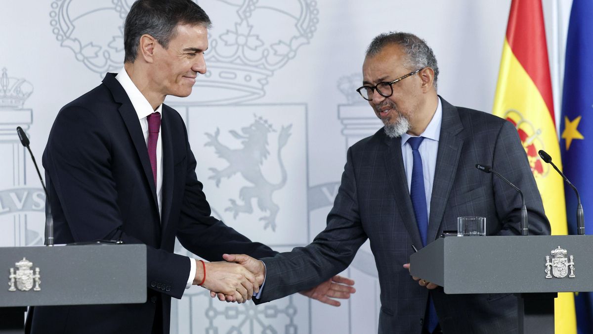 El presidente del Gobierno, Pedro Sánchez, y el director general de la Organización Mundial de la Salud, Tedros Adhanom, se dan la mano al finalizar la rueda de prensa que han ofrecido tras la reunión mantenida este martes en el Palacio de la Moncloa para analizar la situación provocada por la crisis de hantavirus. EFE/ Chema Moya