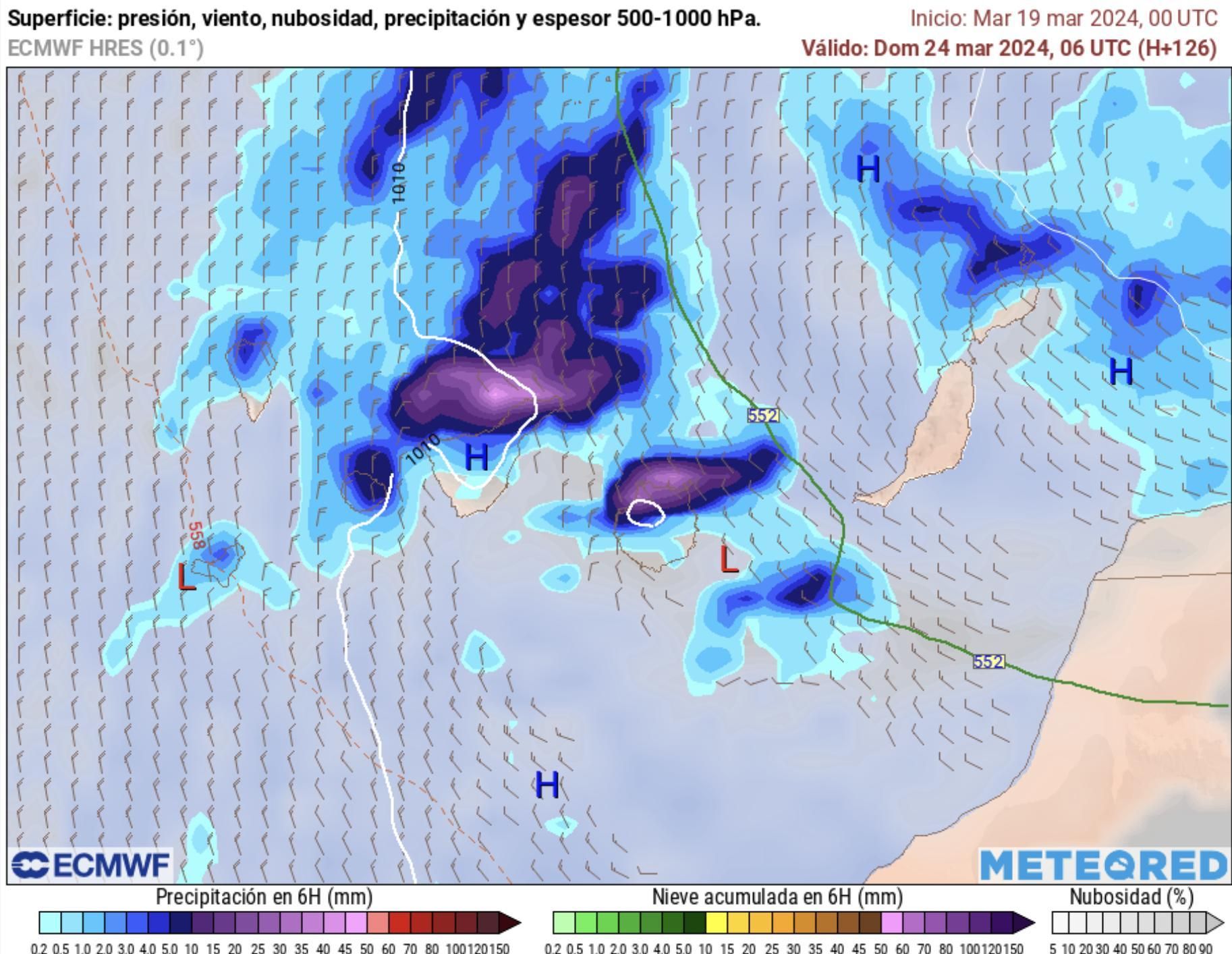 Mapa de lluvias para el domingo, aún con mucho margen de variabilidad.