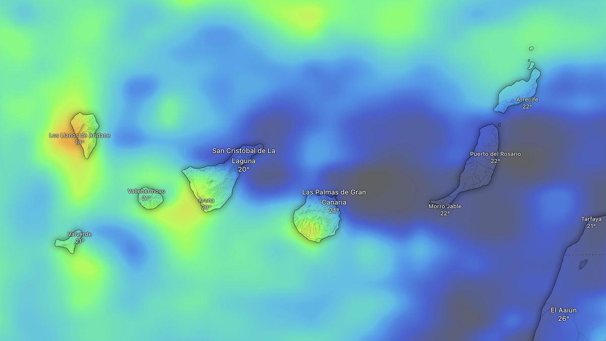 Acumulación de lluvia prevista en Canarias hasta el viernes. Los colores anaranjados indican al menos 100 litros.