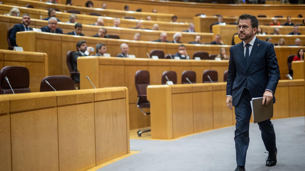 El presidente de la Generalitat de Catalunya, Pere Aragonès, durante la reunión de la Comisión General de las Comunidades Autónomas, en el Senado, a 8 de abril de 2024, en Madrid (España). La reunión de la Comisión General de las Comunidades Autónomas ha