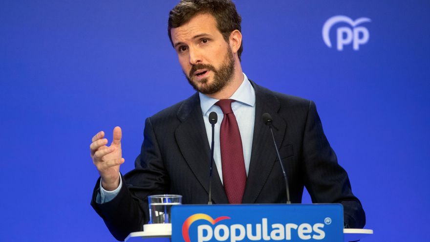 El líder del PP, Pablo Casado, en una imagen de archivo en la sede de la calle Génova, en Madrid. EFE/Rodrigo Jiménez